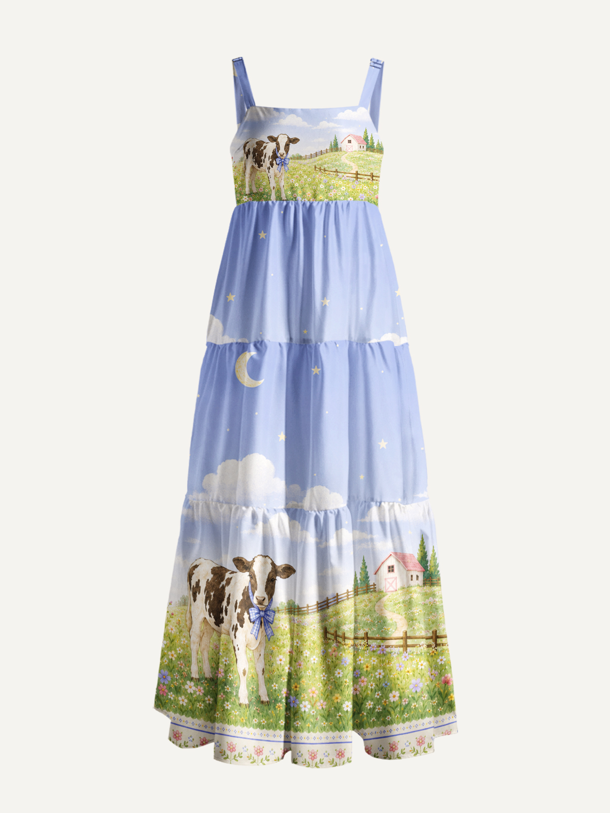 Moonlit Meadow Cow Print Wide Straps Maxi Dress With Pockets