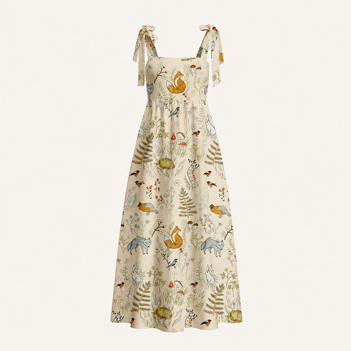 Whimsical Woodland Animals Print Bow Strap Maxi Dress