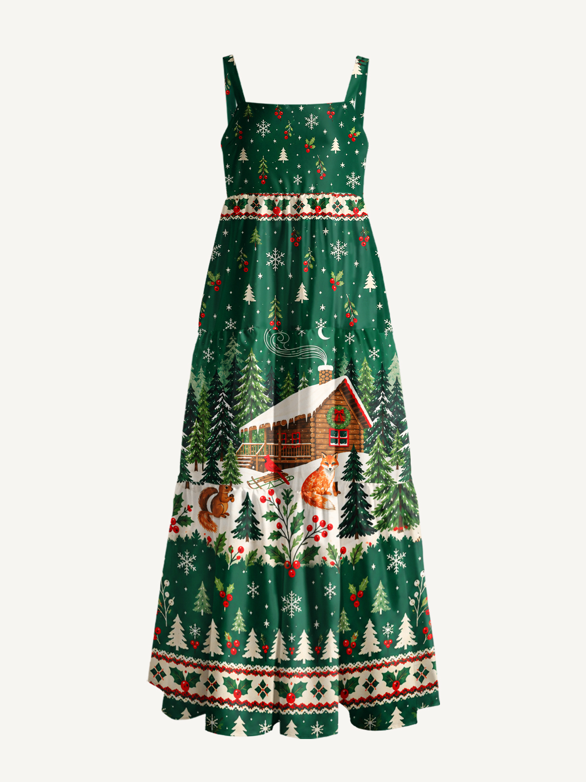 Christmas Cabin & Woodland Animals Print Wide Straps Maxi Dress With Pockets