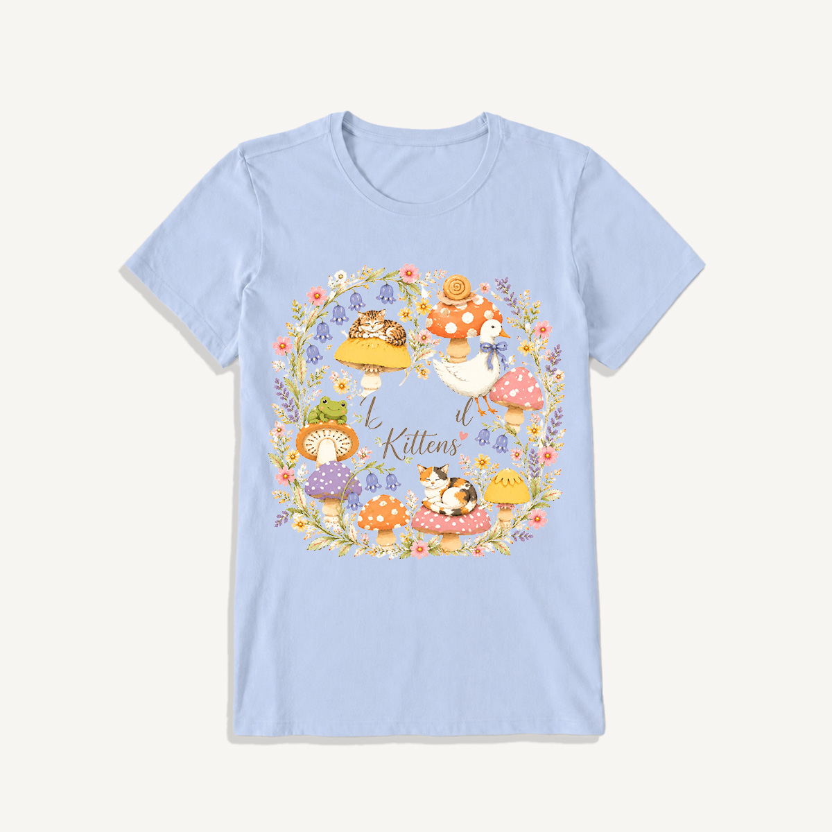 Botanical Kittens Mushroom Wreath Print Crew Neck Cotton Tee