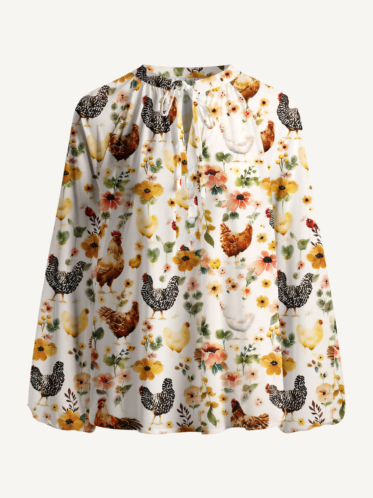 Watercolor Chicken Floral Print Boho Long Sleeve Tie‑Neck Blouse