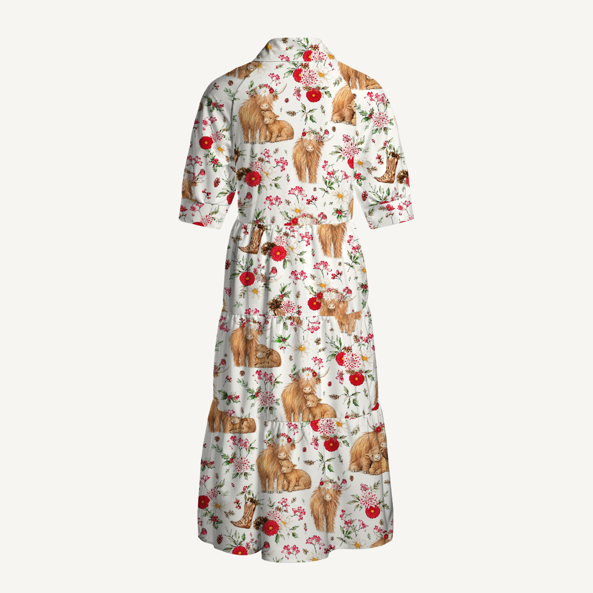 V Neck Collared Strawberry Meadow Highland Cow Print Casual Midi Dress With Pockets