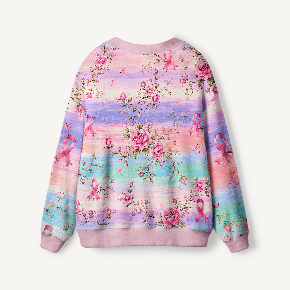 Pastel Sunset Pink Ribbon Print Ugly Cardigan Sweaters