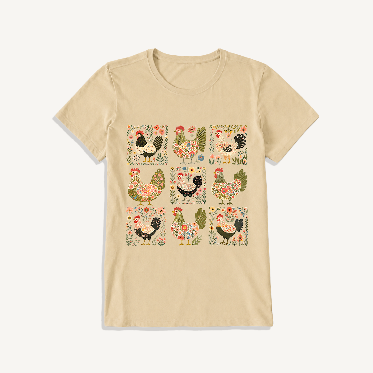 Folk Hen Grid Print Crew Neck Cotton Tee