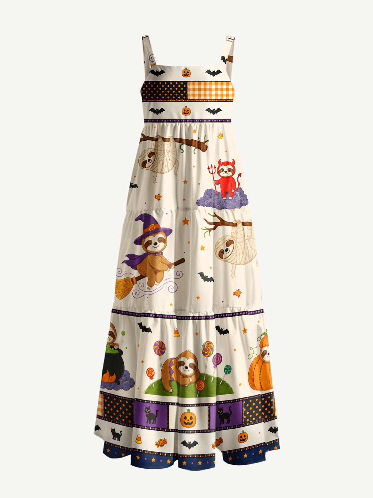 Spooky Sloth Patchwork Print Wide Straps Maxi Dress With Pockets