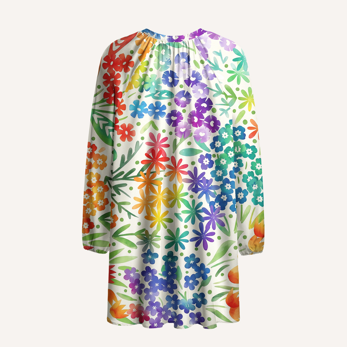 Fun Rainbow Print Boho Tie‑Neck Smock Mini Dress