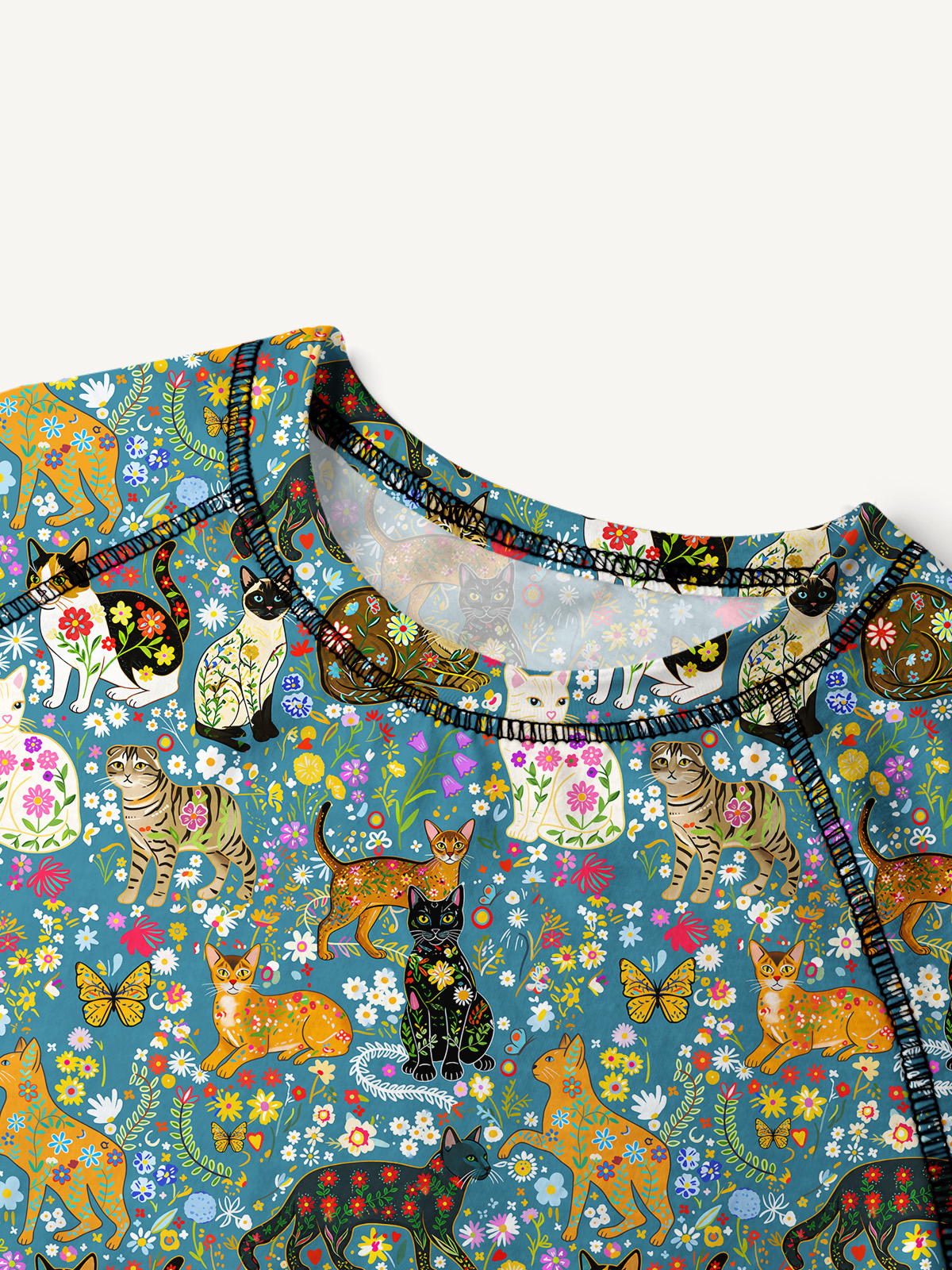 Colorful Garden Cat All-Over Print Cotton Raglan Long Sleeve Top