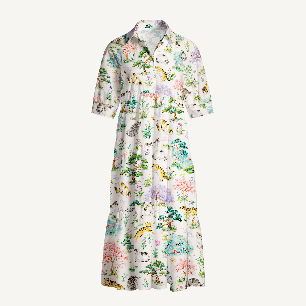 Cats in a Tranquil Garden Pond Scene Print Casual Midi Dress With Pockets