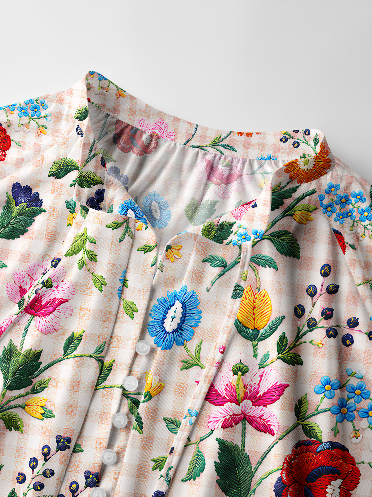 Embroidered Meadow Gingham Print Boho Long Sleeve Tie‑Neck Blouse