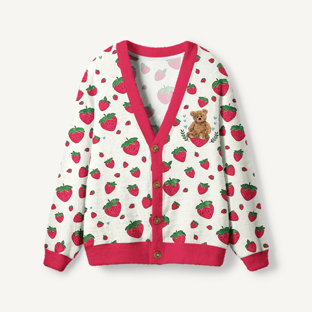 Strawberry Teddy Print Ugly Cardigan Sweaters