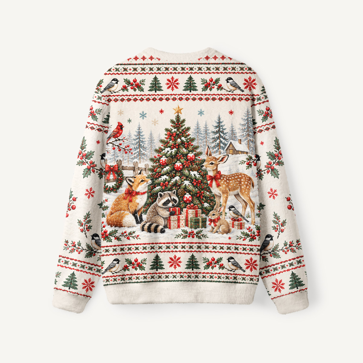 Cottagecore Christmas Woodland Animals Fuzzy Crewneck Sweater