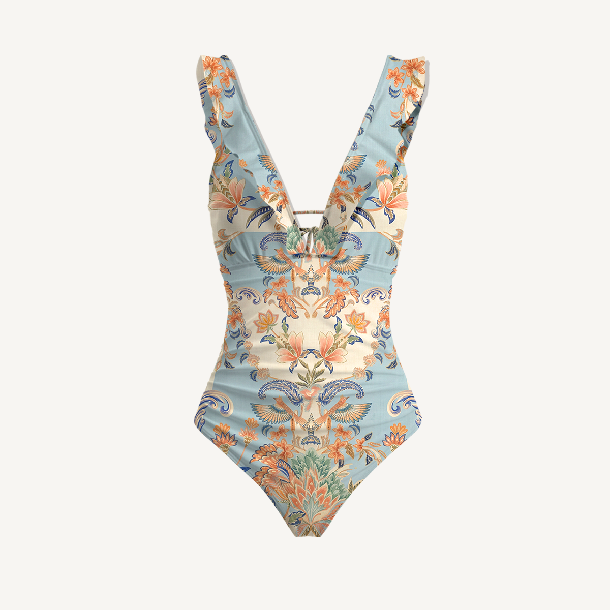 Azure Lily Palace Ruffled V Neck One Piece Swimsuit and Matching Midi Skirt Set