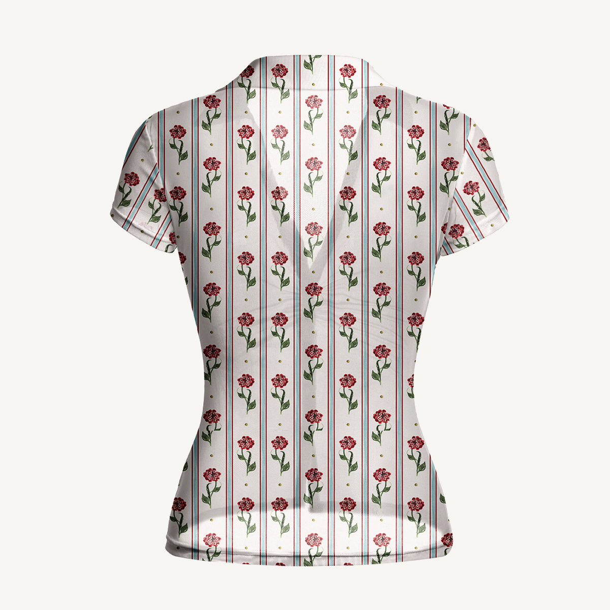 V-Neck Short Sleeve Crimson Dianthus Print Mesh Top