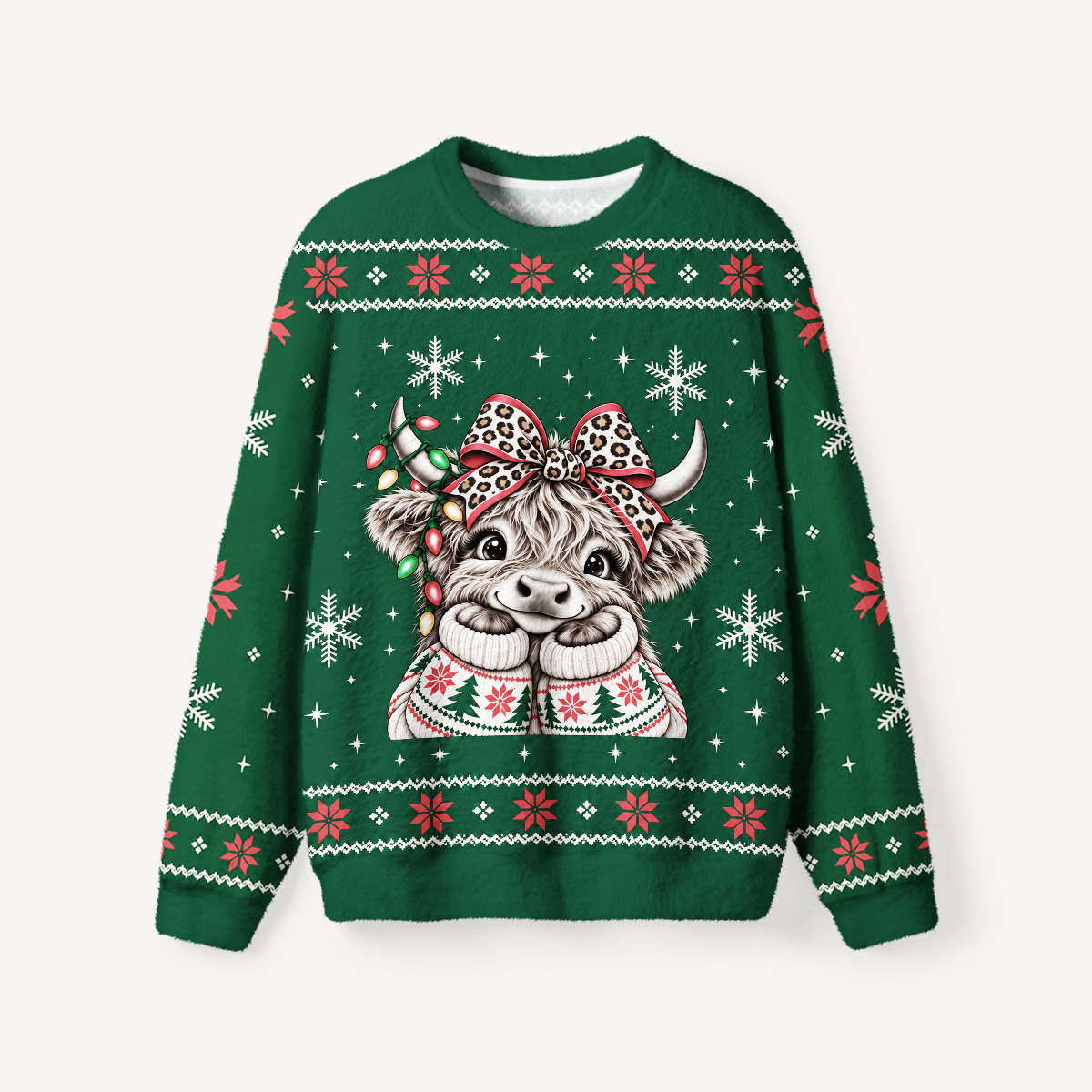 Jolly Christmas Cow Fuzzy Crewneck Sweater