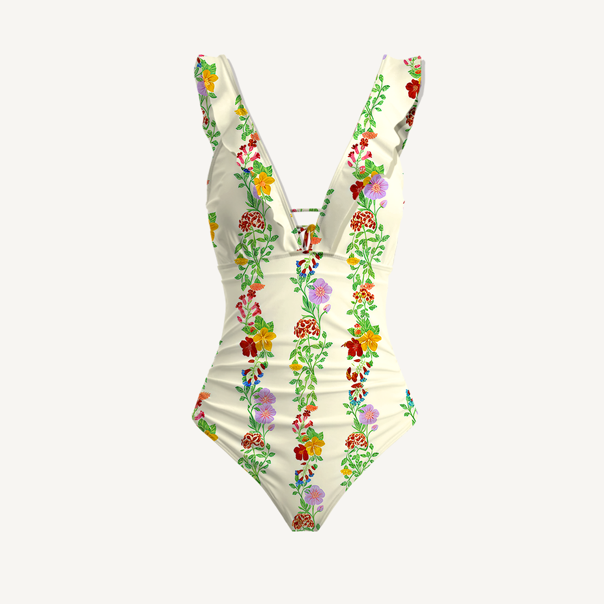 Blossom Trail Ruffled V Neck One Piece Swimsuit and Matching Midi Skirt Set