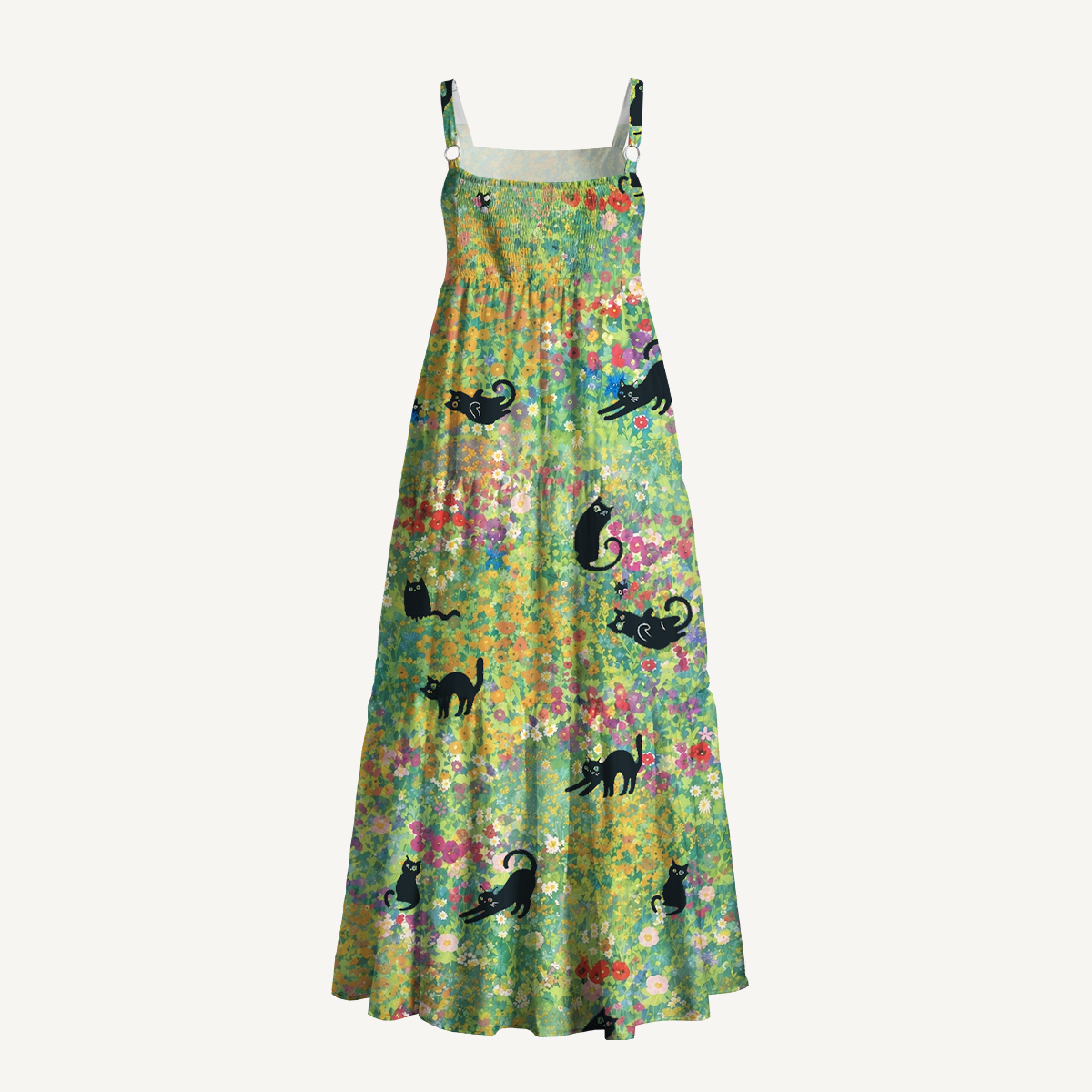 Square Neck Wildflower Garden Black Cat Print Slip Dress