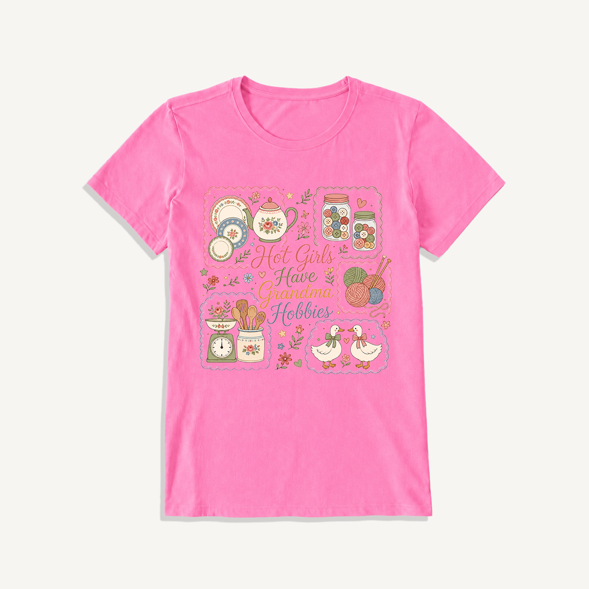 Grandma Hobbies Craft Cottage Print Crew Neck Cotton Tee
