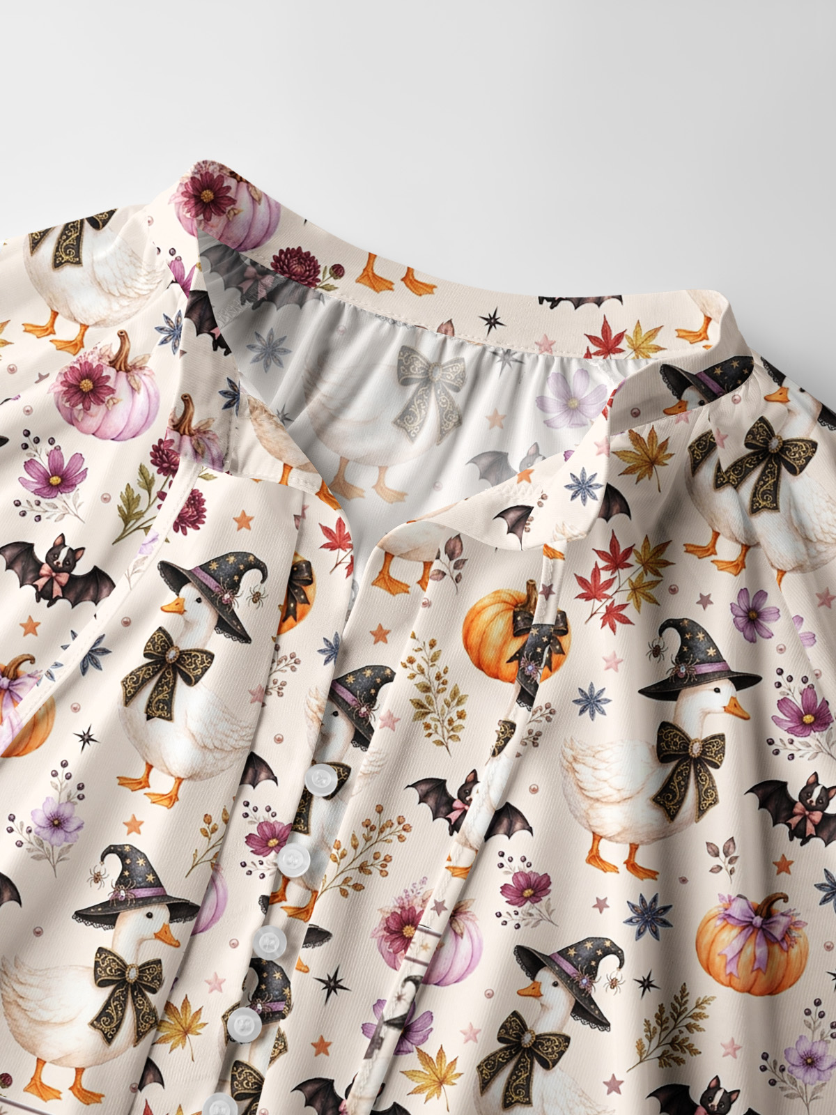 Rustic Halloween Goose Print Boho Long Sleeve Tie‑Neck Blouse