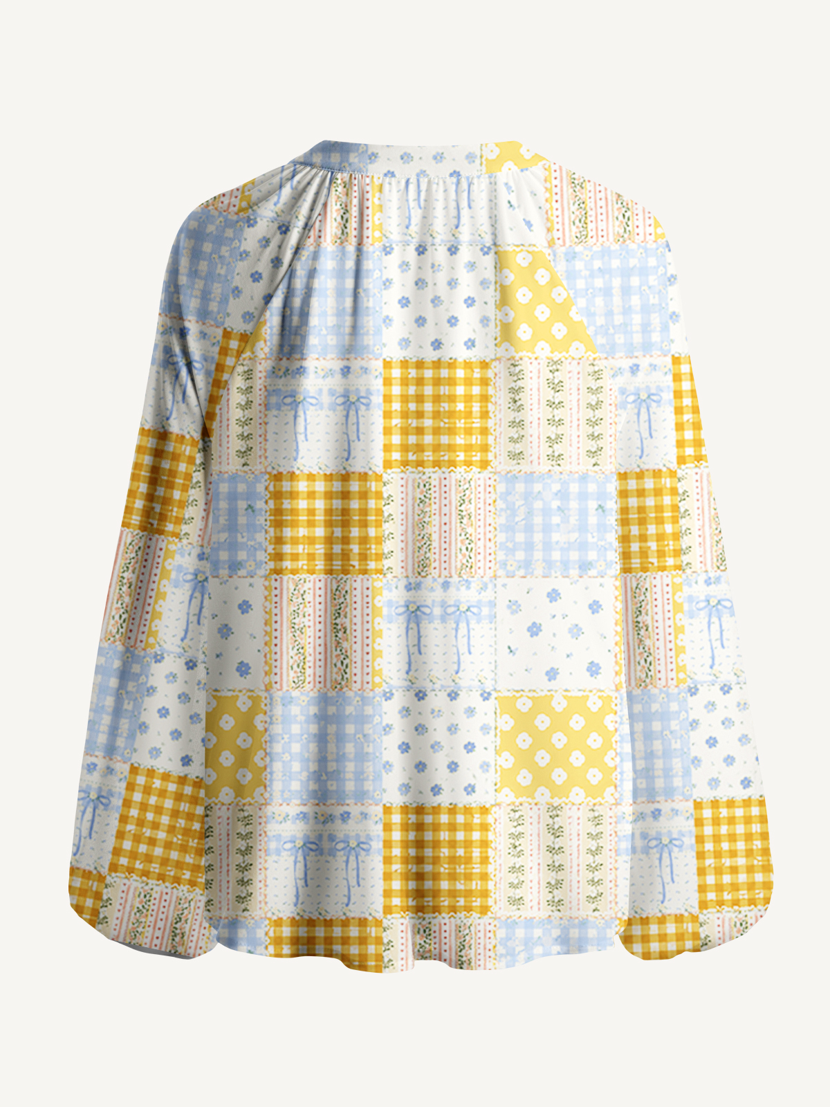 Pastel Floral Patchwork Quilt Pattern Print Boho Long Sleeve Tie‑Neck Blouse