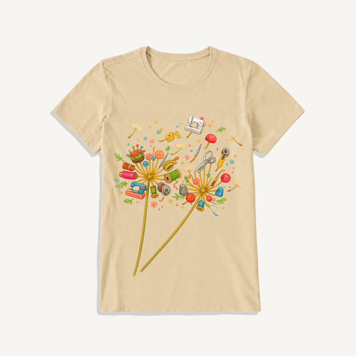 Sewing Tool Dandelion Art Print Crew Neck Cotton Tee