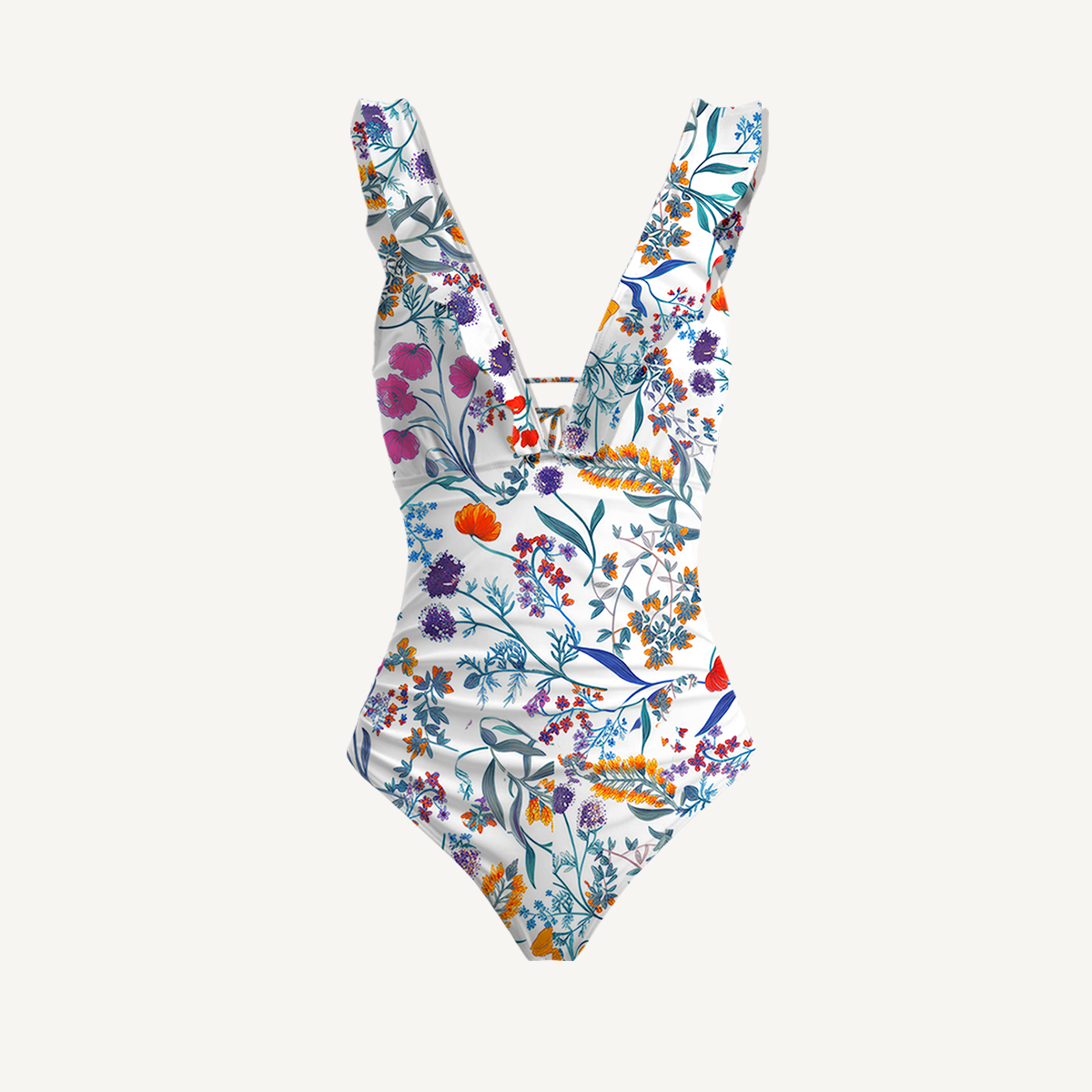 Fiery Meadow Ruffled V Neck One Piece Swimsuit and Matching Midi Skirt Set