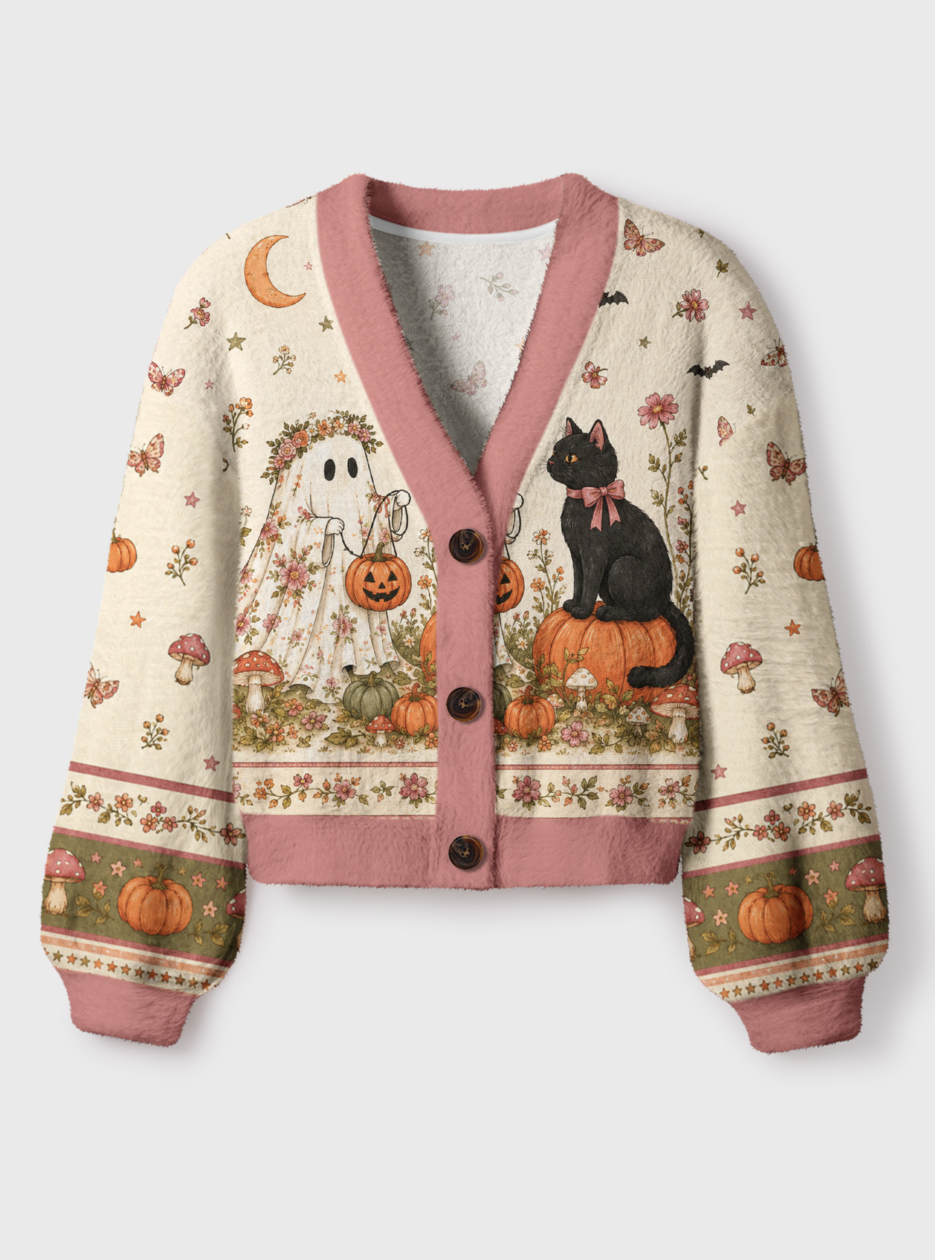 Garden Pumpkin Cat & Ghost Print Women's Fitted Cardigan Sweaters