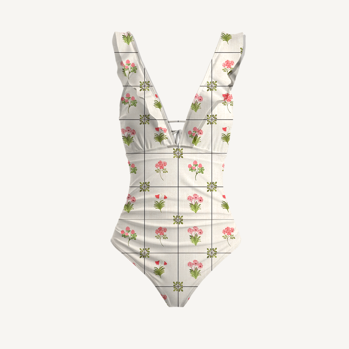 Meadow Tile Bloom Ruffled V Neck One Piece Swimsuit and Matching Midi Skirt Set
