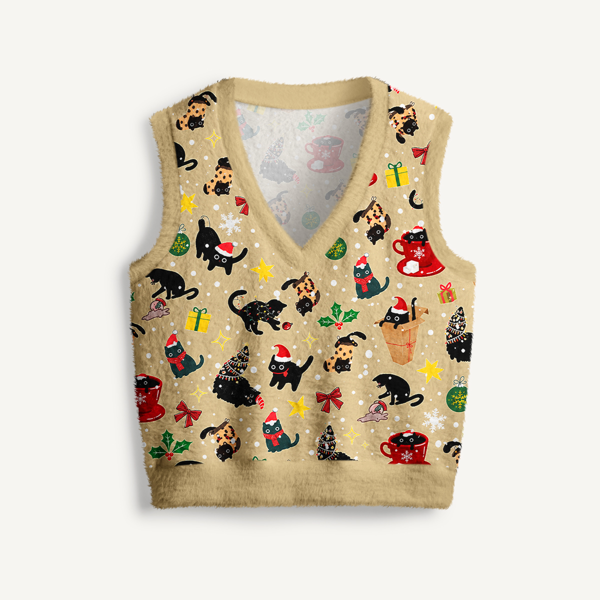 Playful Christmas Black Cats Print V-Neck Sweater Vest