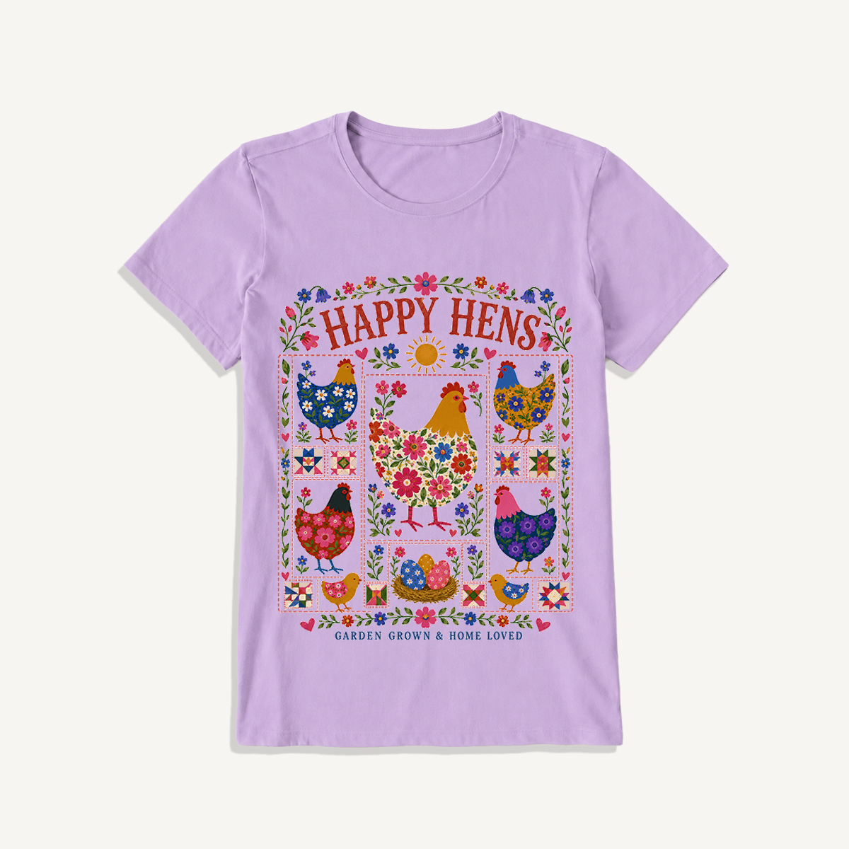 Happy Hens Floral Patchwork Print Crew Neck Cotton Tee