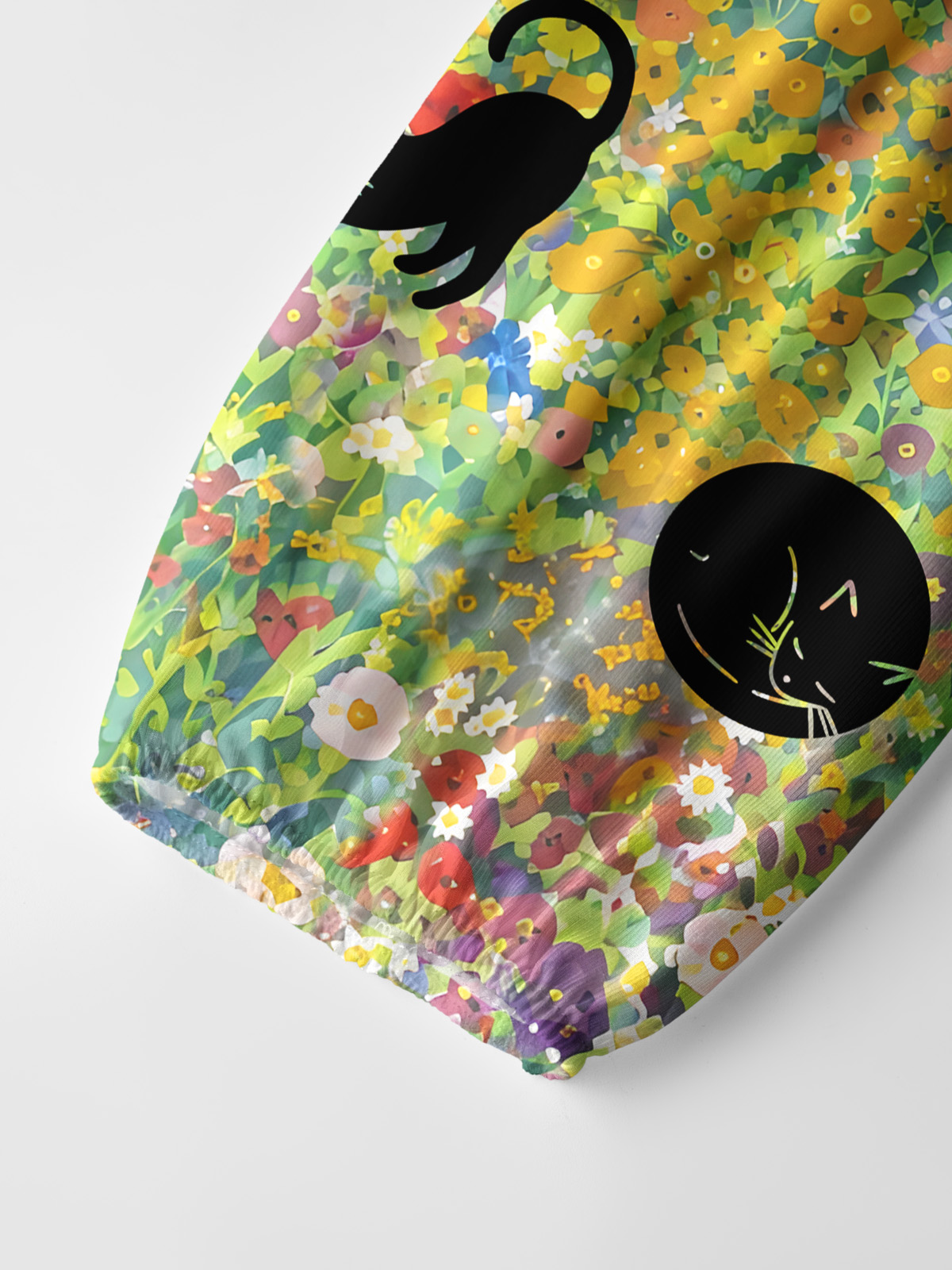 Wildflower Garden Black Cat Print Boho Long Sleeve Tie‑Neck Blouse