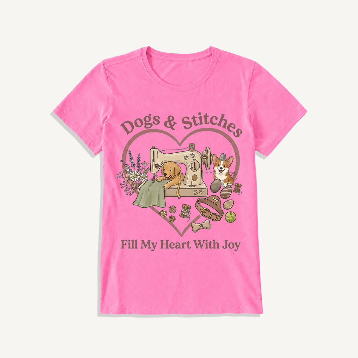 Puppy Stitches and Joy Print Crew Neck Cotton Tee