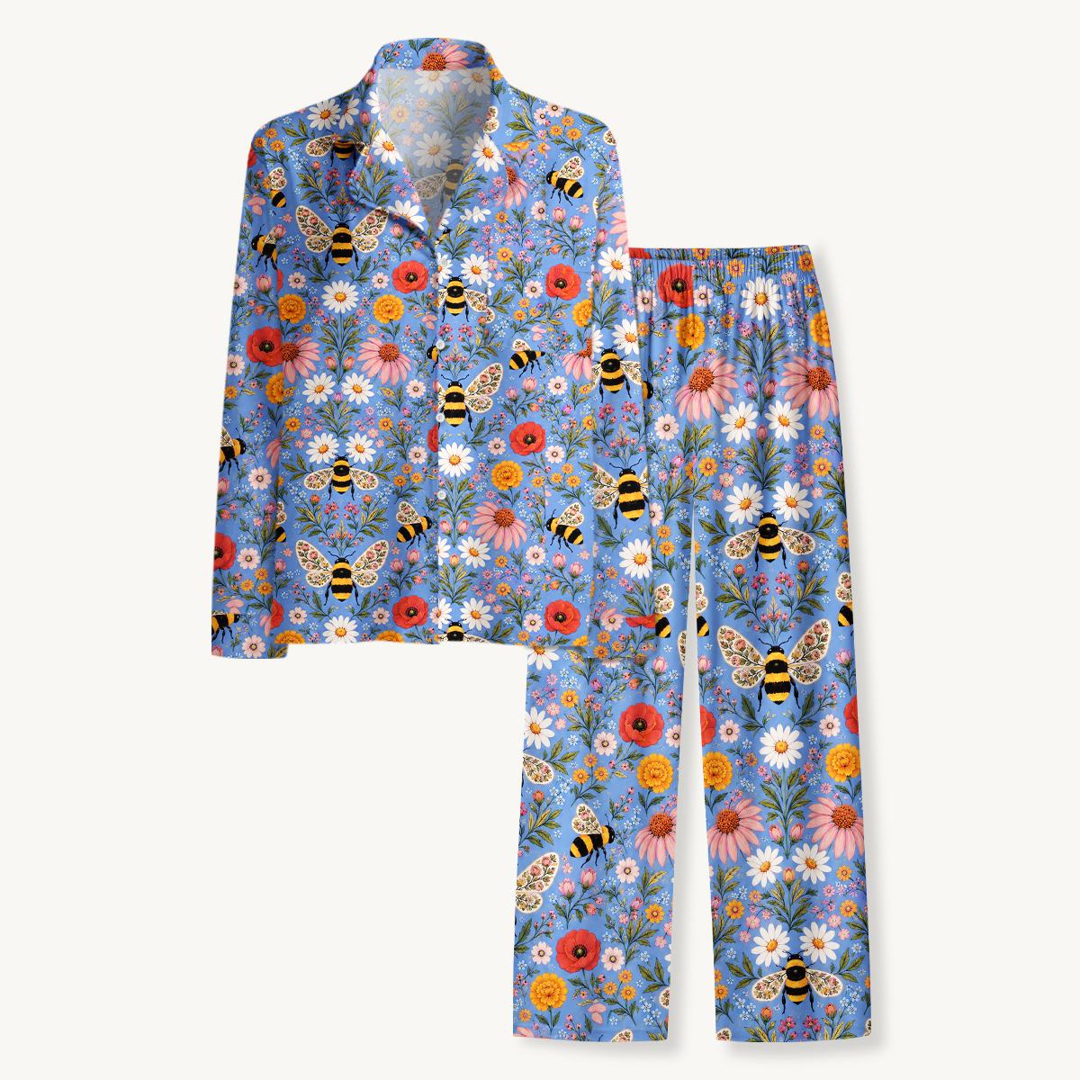 Whimsical Garden Bumblebee & Wildflower Long Pajama Set 