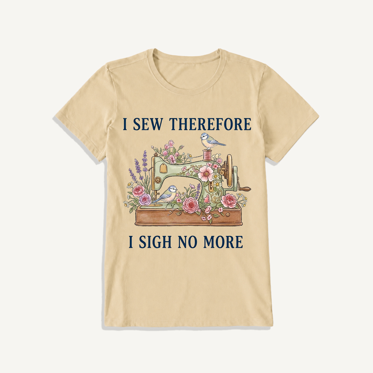 Floral Bird Sewing Serenity Print Crew Neck Cotton Tee