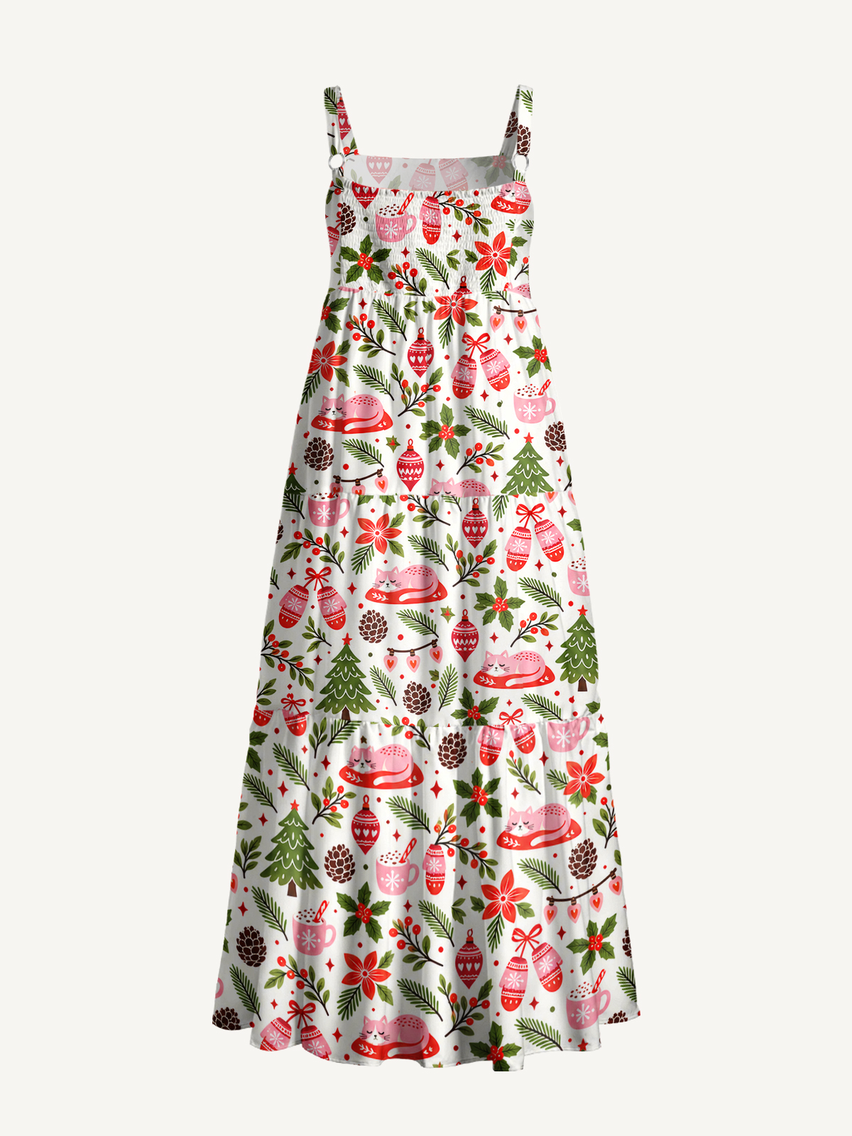 Cozy Cocoa Cat Christmas Print Wide Straps Maxi Dress With Pockets