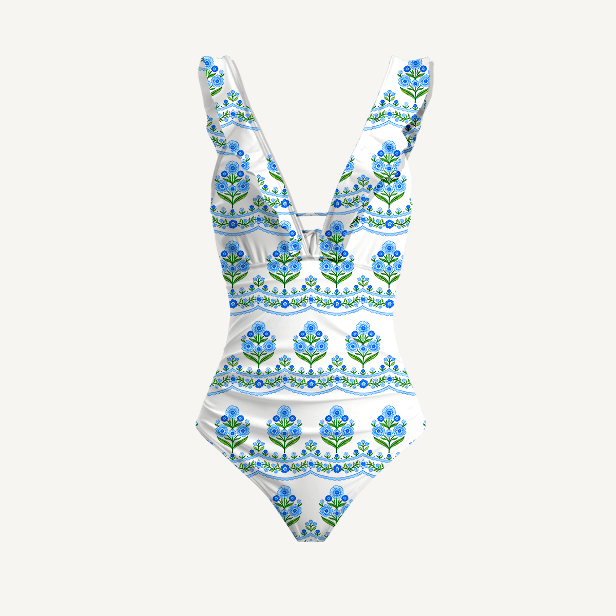 Azure Folk Ruffled V Neck One Piece Swimsuit and Matching Midi Skirt Set