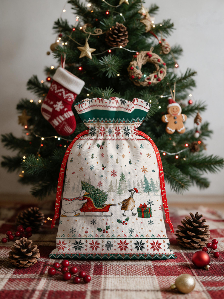 Christmas Duck Sleigh & Pine Tree  Reusable Drawstring Gift Bag