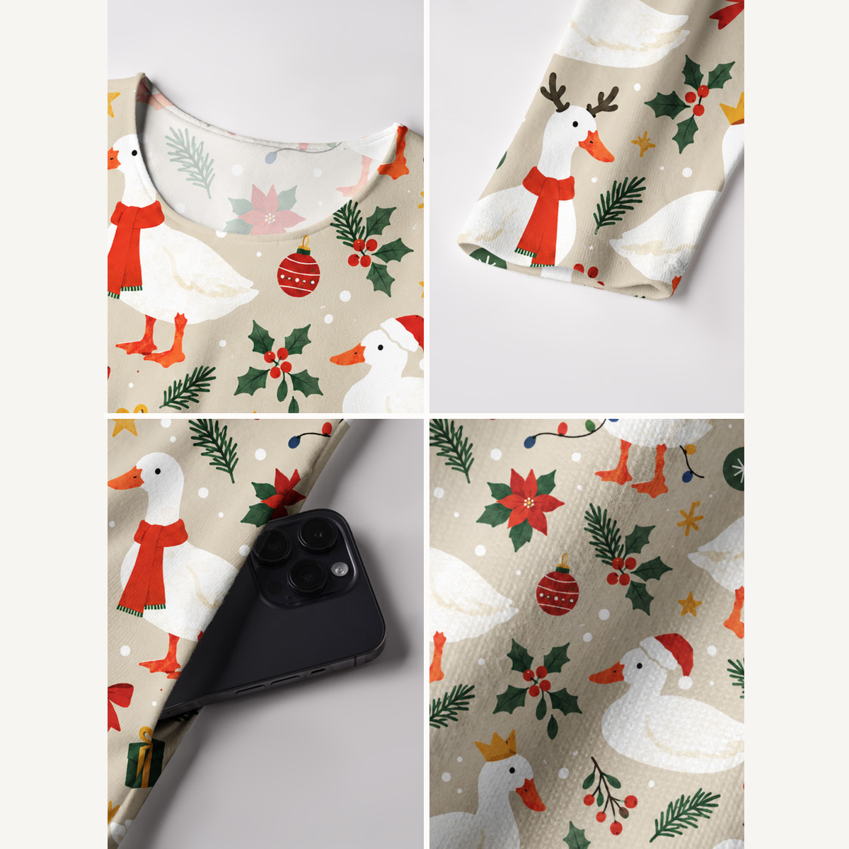 Merry Christmas Geese Print Soft-Touch Stretch Knit Long Sleeve Maxi Dress with Pockets