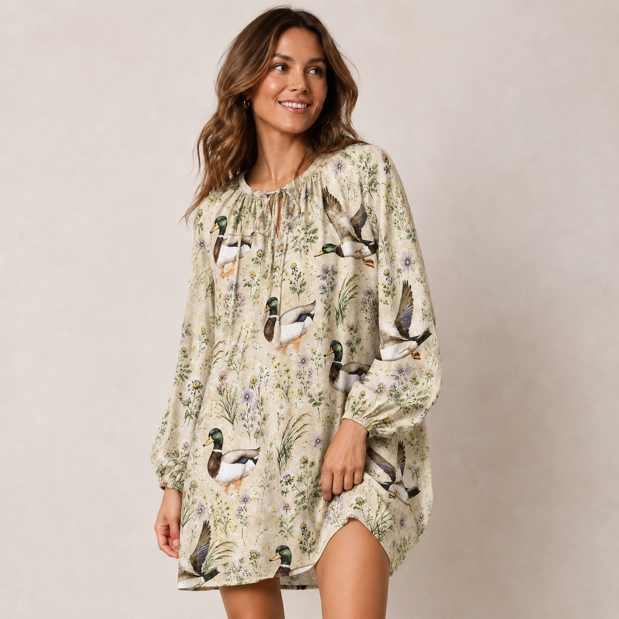 Watercolor Mallard Ducks Print Boho Tie‑Neck Smock Mini Dress