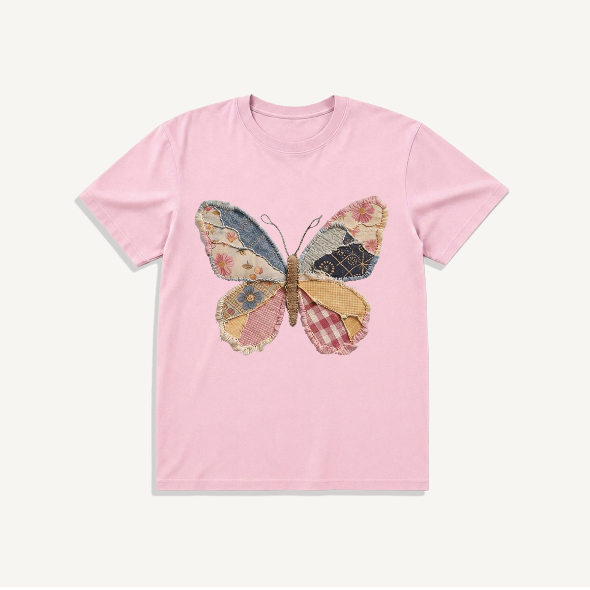 Quilt Patch Butterfly Print Crew Neck Cotton Tee