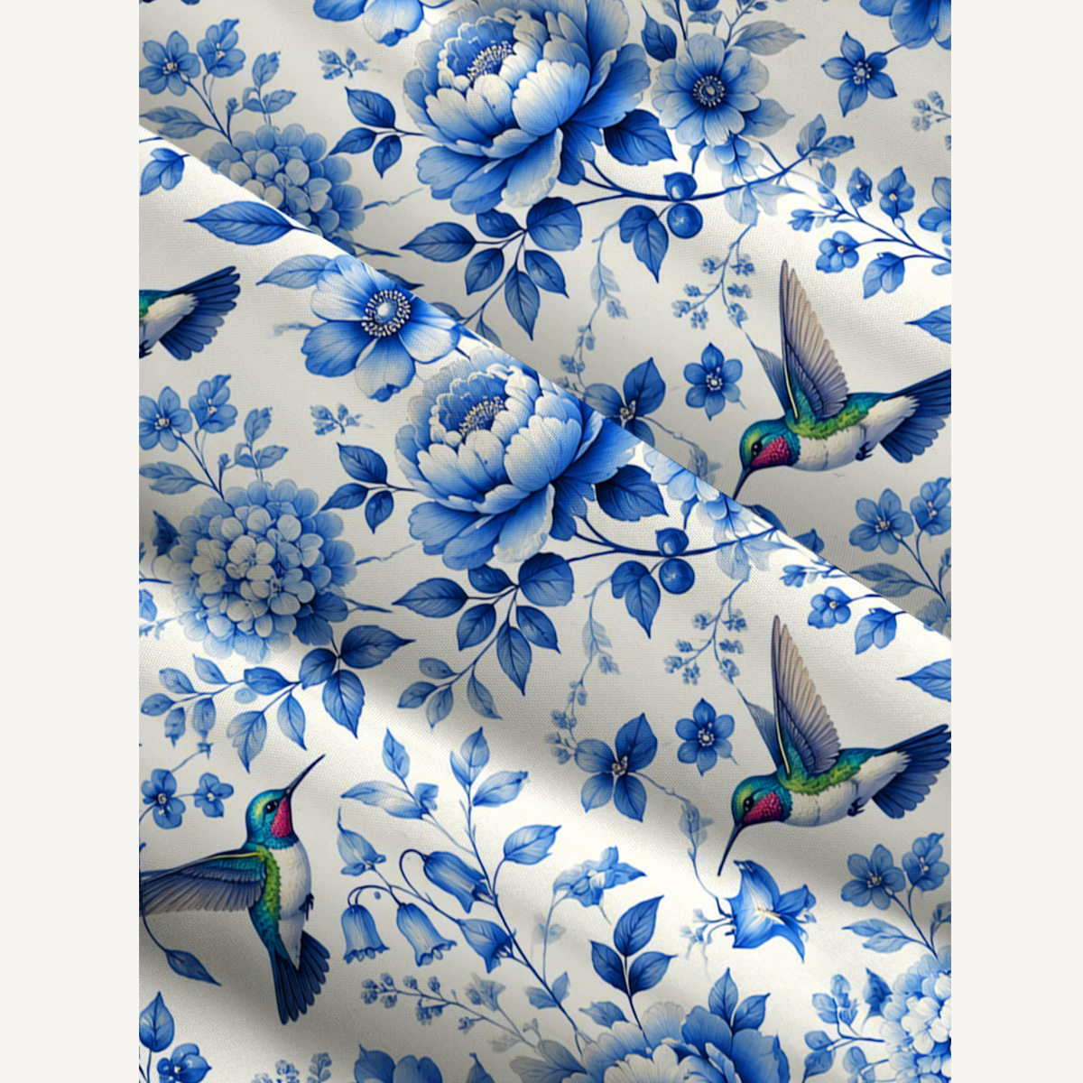 Delft Blue Hummingbird and Floral Pattern Print Wide Straps Maxi Dress With Pockets