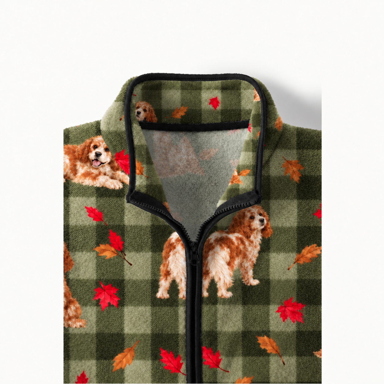 Green Plaid Dog Print Fleece Jacket