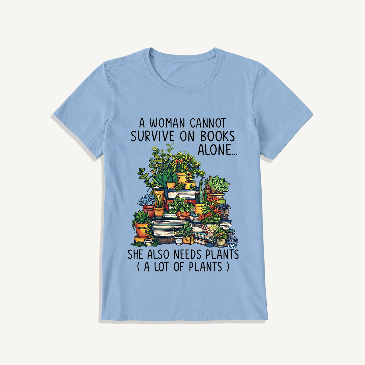 Books and Potted Plants Print Crew Neck Cotton Tee