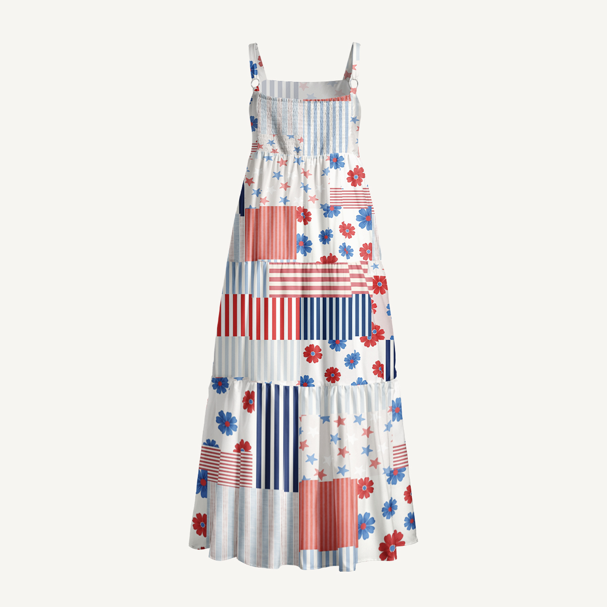 Flower Flag Print Quilt Wide Straps Maxi Dress With Pockets