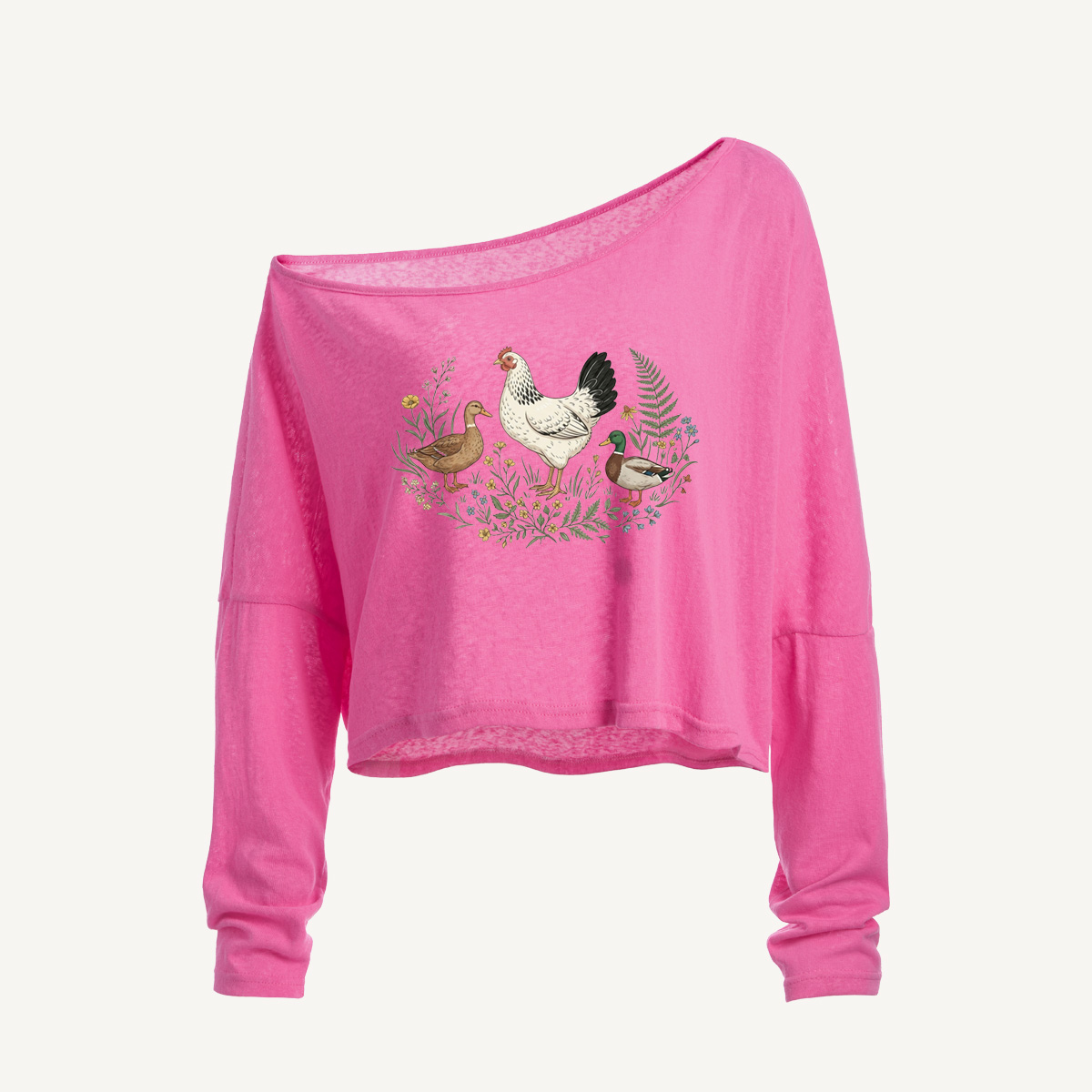 Countryside Garden Critter Long Sleeve Off Shoulder T-shirt