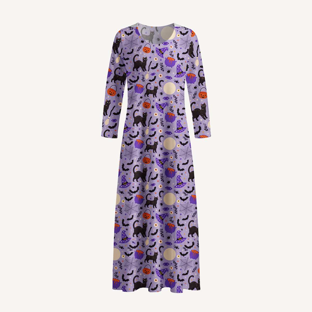 Moonlit Whiskers Print Soft-Touch Stretch Knit Long Sleeve Maxi Dress with Pockets