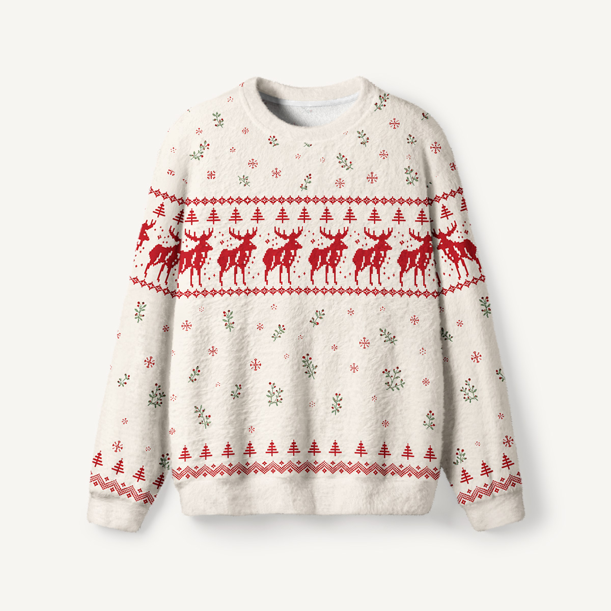 Snowy Reindeer Fair Isle Fuzzy Crewneck Sweater