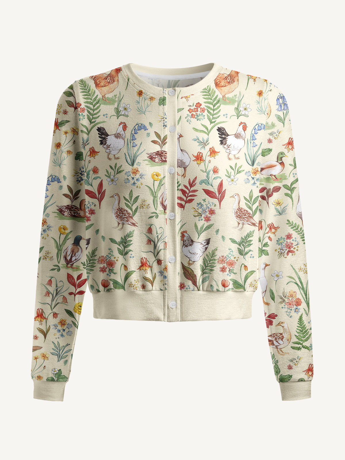 Lightweight Crew Neck Long‑Sleeve Cropped Countryside Garden Critter Print Fine‑Knit Cardigan