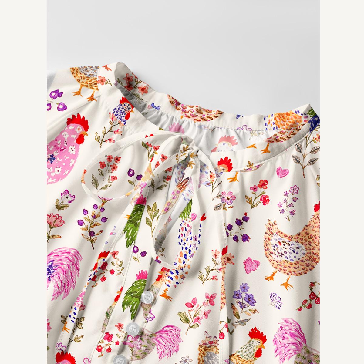 Colorful Farm Chickens Print Boho Tie‑Neck Smock Mini Dress