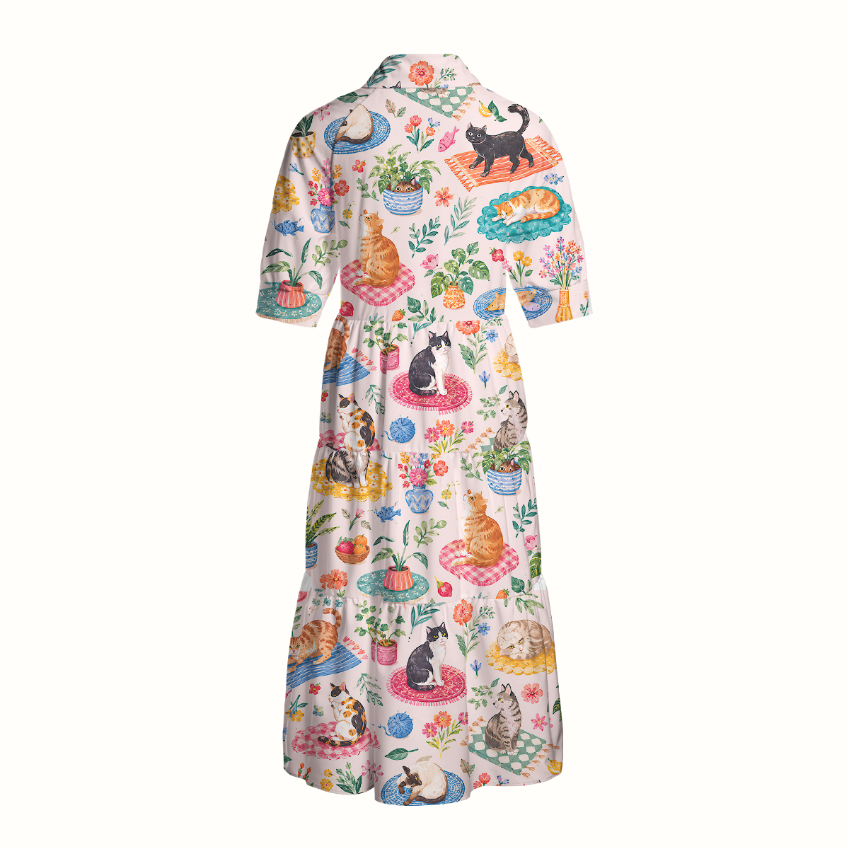Cozy Garden Cats on Colorful Rugs Print Casual Midi Dress With Pockets