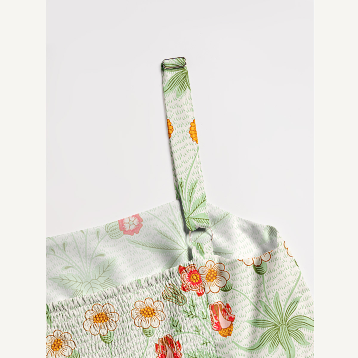 Delicate Retro Florals Mint Green Leaves Print Quilt Wide Straps Maxi Dress With Pockets